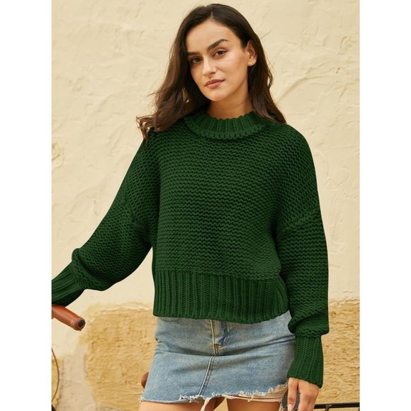 Women's Crewneck Chunky Knit Batwing Long Sleeve Loose  Pullover Sweaters Tops - Picture 1 of 6